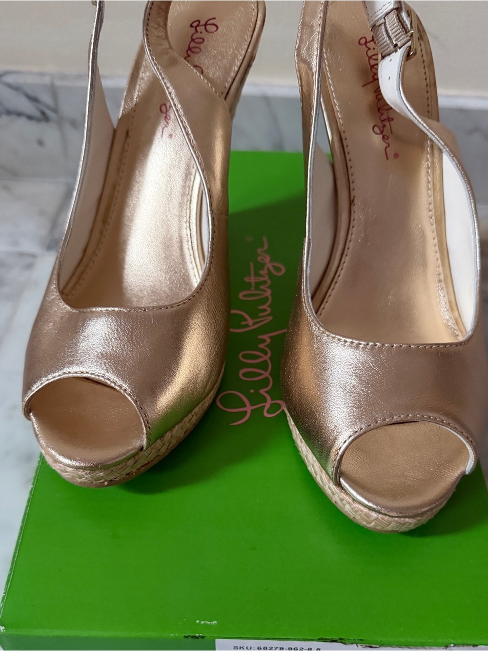 Lilly Pulitzer Metallic Rose Gold Peep-Toe Wedge Sandals. Brand New